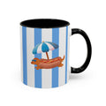 Hot Dog Dachshund Coffee Mug | Cute Wiener Dog with Beach Umbrella on Blue Stripes (11/15oz) 11oz Black