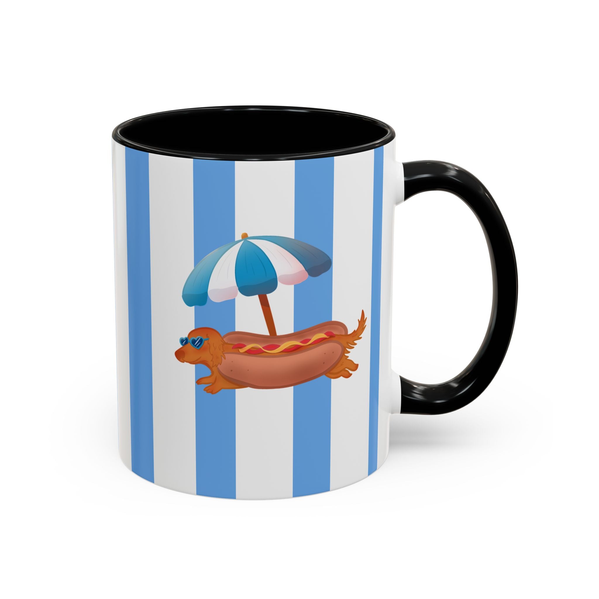 Hot Dog Dachshund Coffee Mug | Cute Wiener Dog with Beach Umbrella on Blue Stripes (11/15oz) 11oz Black