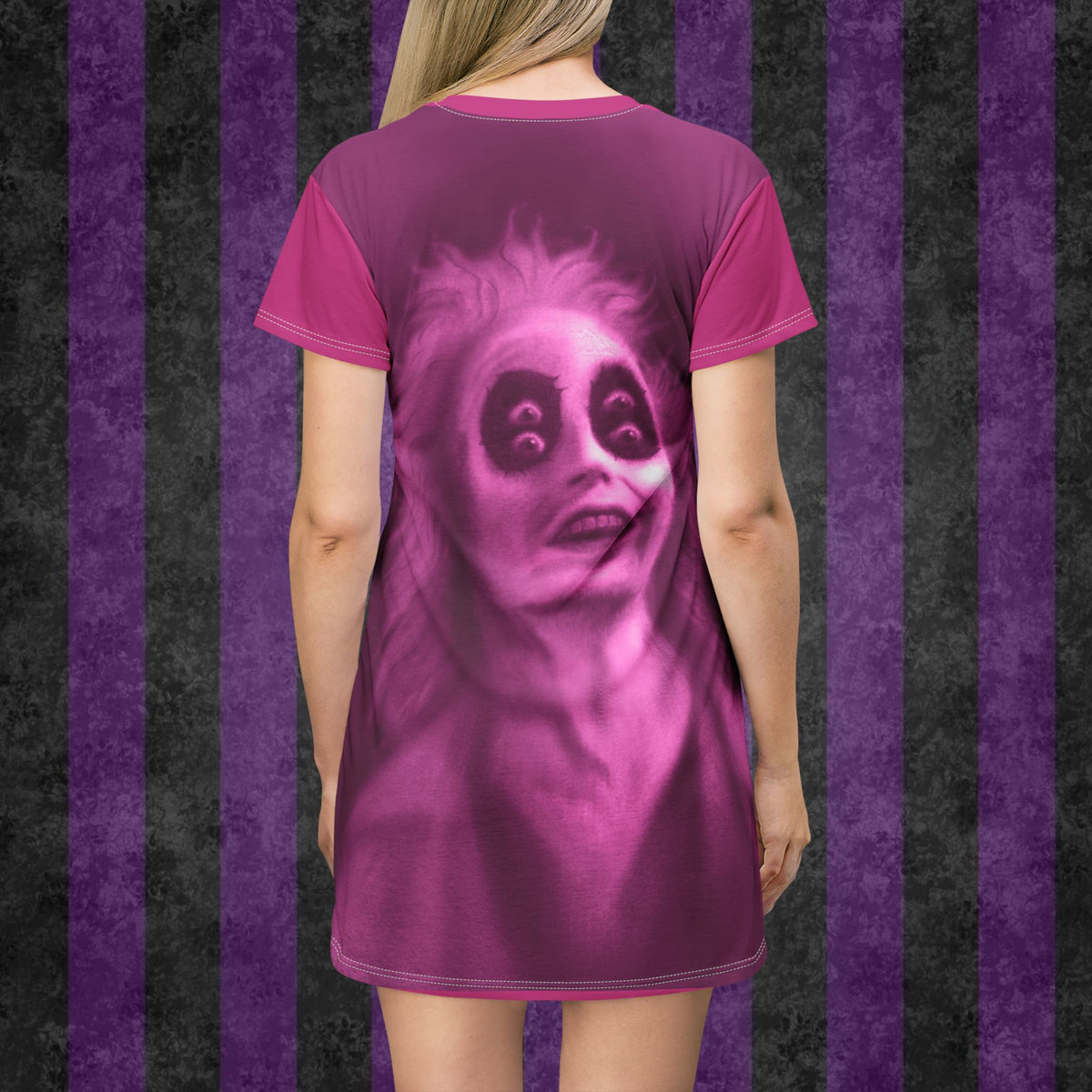Gothic Beetlejuice Portrait T-Shirt Dress — Pink Haunted Movie Art