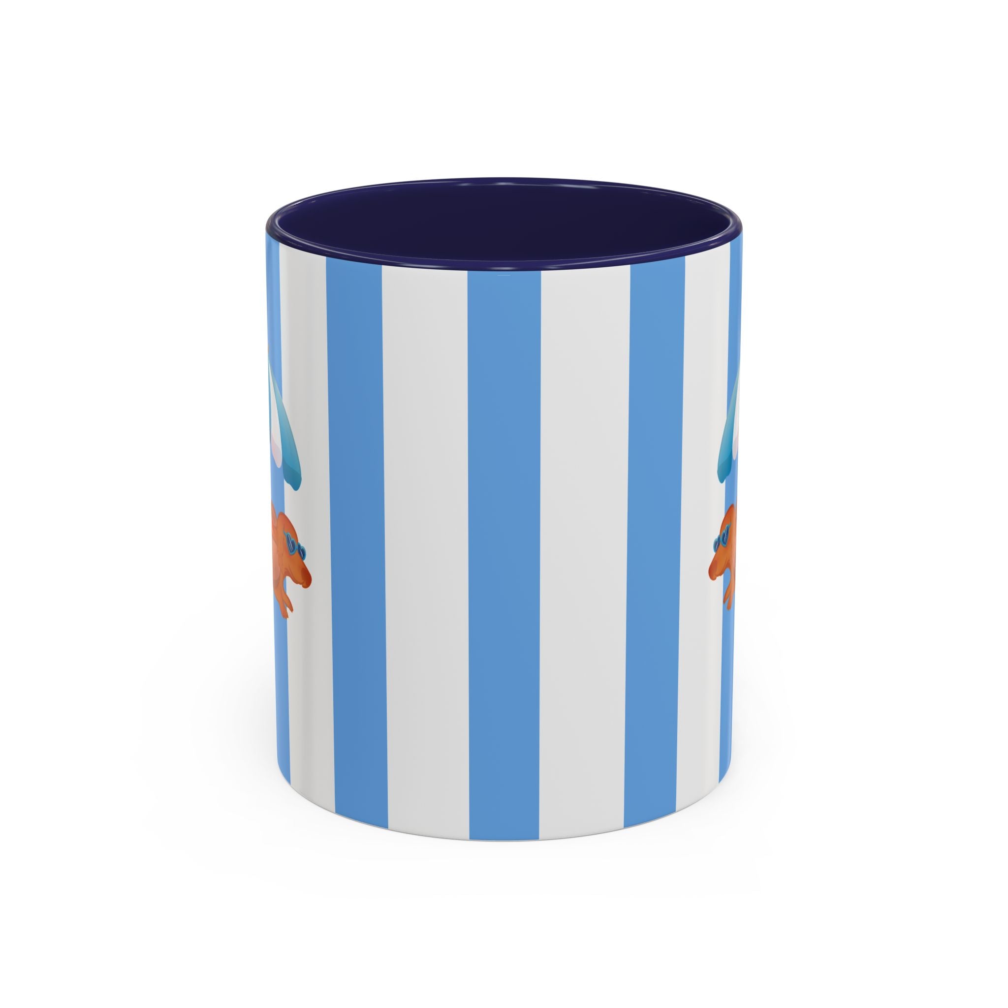 Hot Dog Dachshund Coffee Mug | Cute Wiener Dog with Beach Umbrella on Blue Stripes (11/15oz) 11oz Navy
