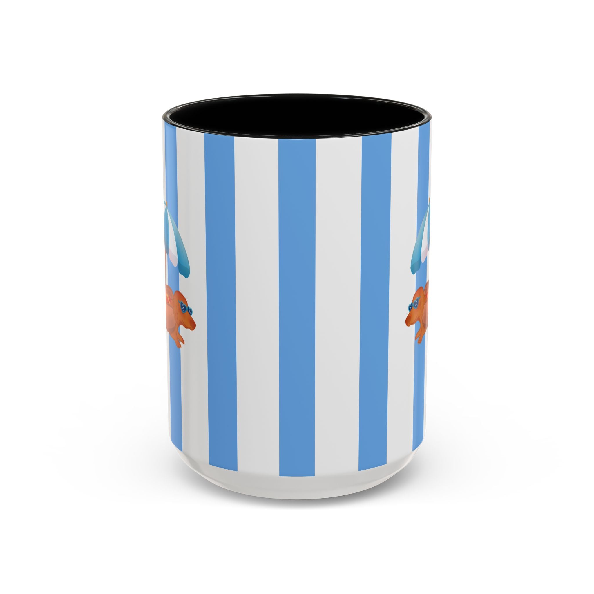 Hot Dog Dachshund Coffee Mug | Cute Wiener Dog with Beach Umbrella on Blue Stripes (11/15oz) 15oz Black