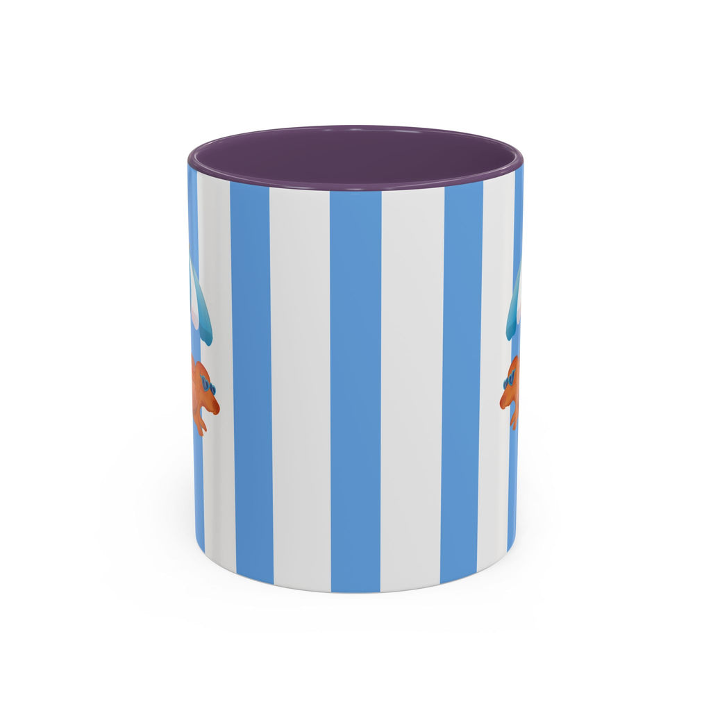 Hot Dog Dachshund Coffee Mug | Cute Wiener Dog with Beach Umbrella on Blue Stripes (11/15oz) 11oz Purple