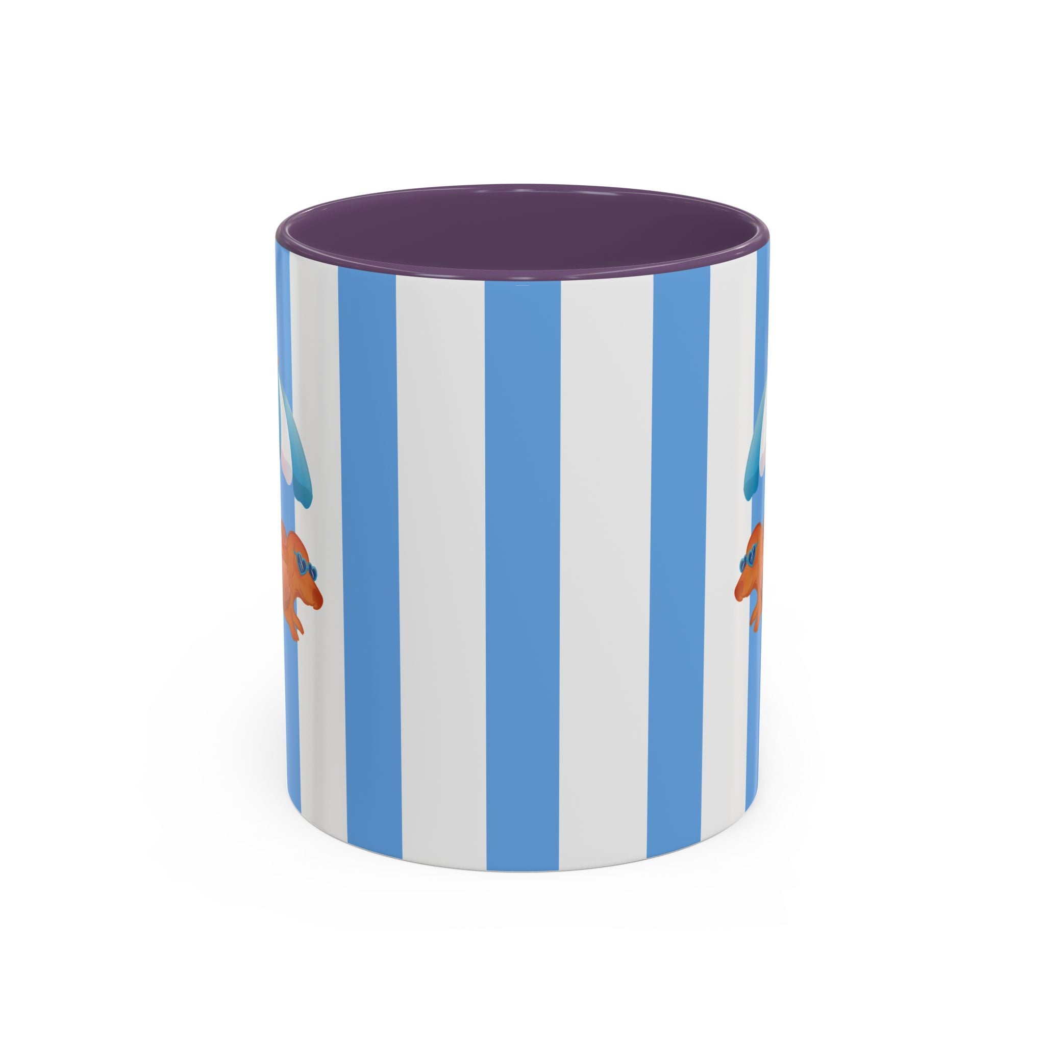 Hot Dog Dachshund Coffee Mug | Cute Wiener Dog with Beach Umbrella on Blue Stripes (11/15oz) 11oz Purple