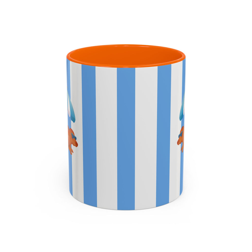 Hot Dog Dachshund Coffee Mug | Cute Wiener Dog with Beach Umbrella on Blue Stripes (11/15oz) 11oz Orange