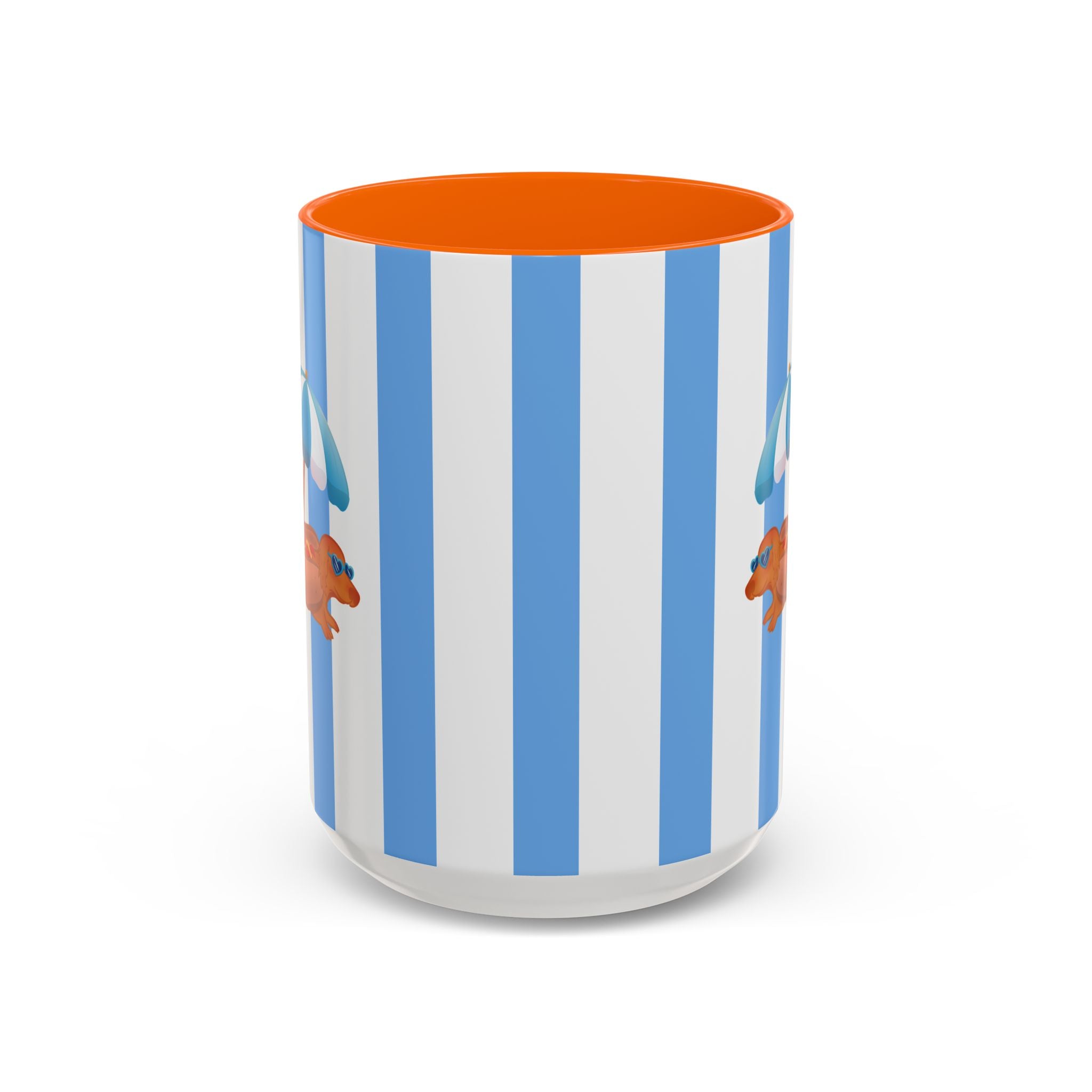 Hot Dog Dachshund Coffee Mug | Cute Wiener Dog with Beach Umbrella on Blue Stripes (11/15oz) 15oz Orange