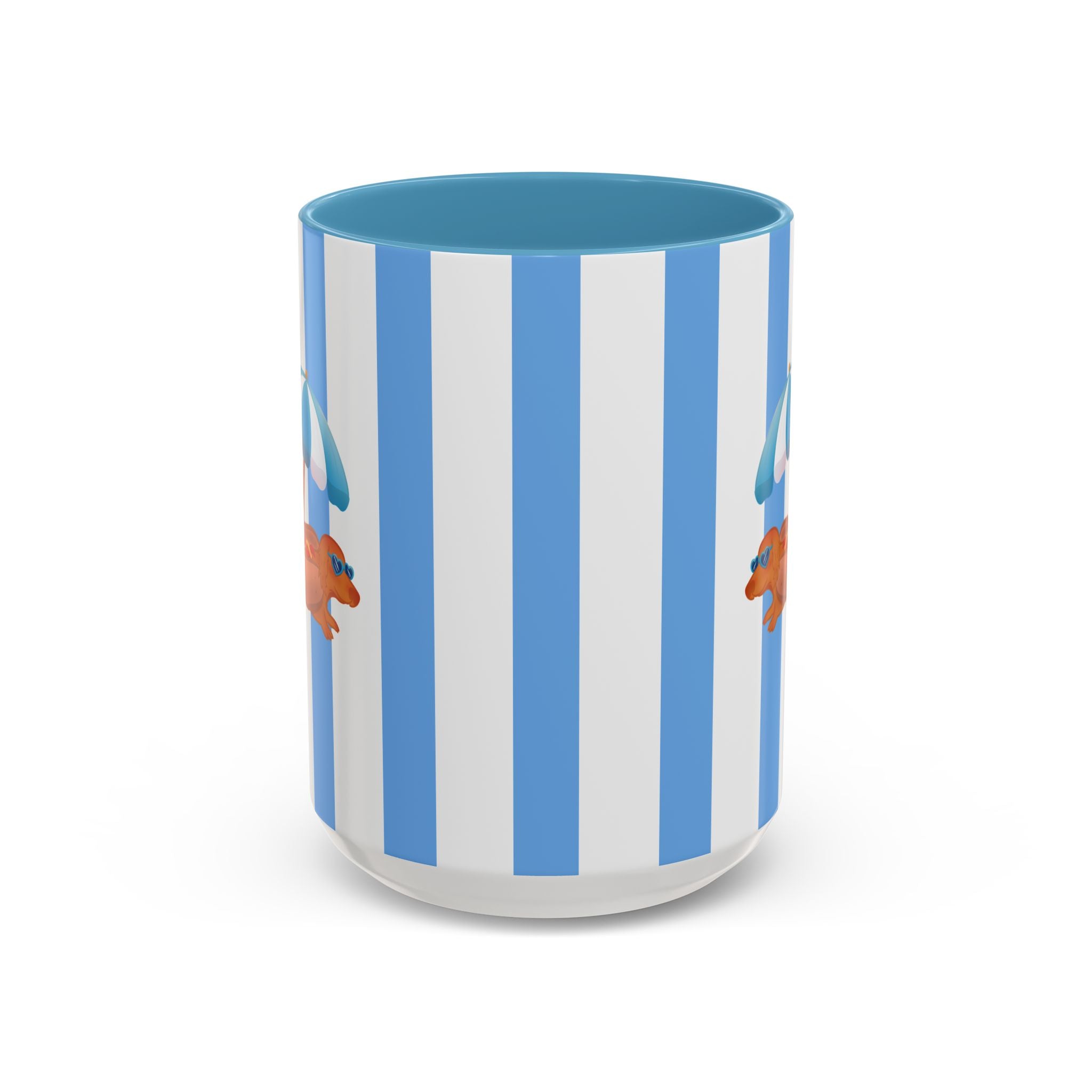 Hot Dog Dachshund Coffee Mug | Cute Wiener Dog with Beach Umbrella on Blue Stripes (11/15oz) 15oz Light Blue