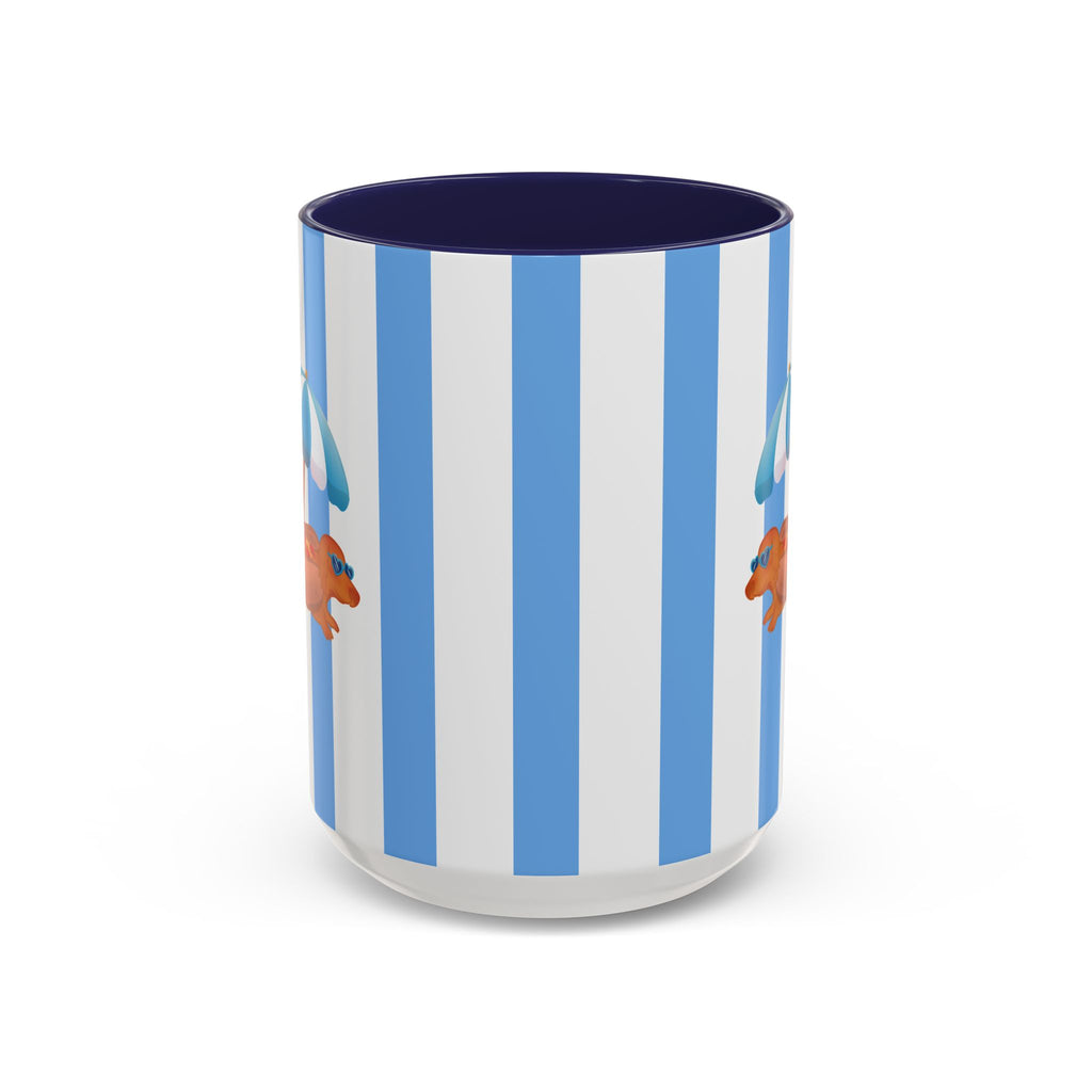 Hot Dog Dachshund Coffee Mug | Cute Wiener Dog with Beach Umbrella on Blue Stripes (11/15oz) 15oz Navy