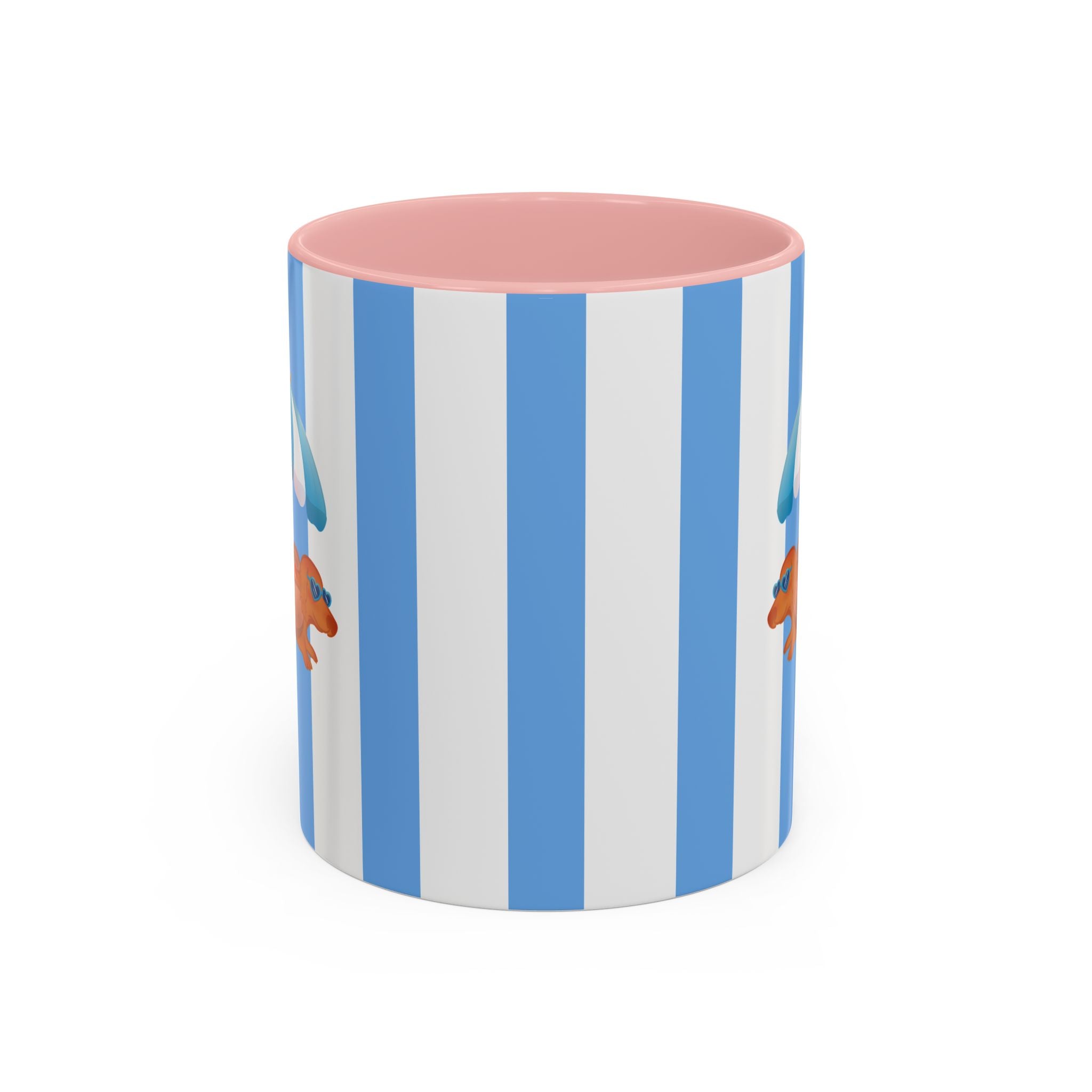 Hot Dog Dachshund Coffee Mug | Cute Wiener Dog with Beach Umbrella on Blue Stripes (11/15oz) 11oz Pink