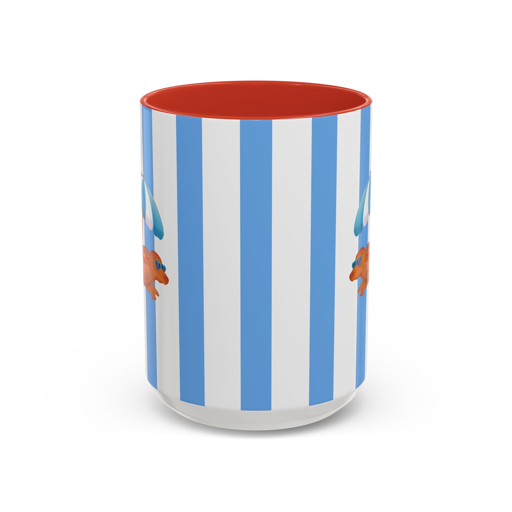 Hot Dog Dachshund Coffee Mug | Cute Wiener Dog with Beach Umbrella on Blue Stripes (11/15oz) 15oz Red