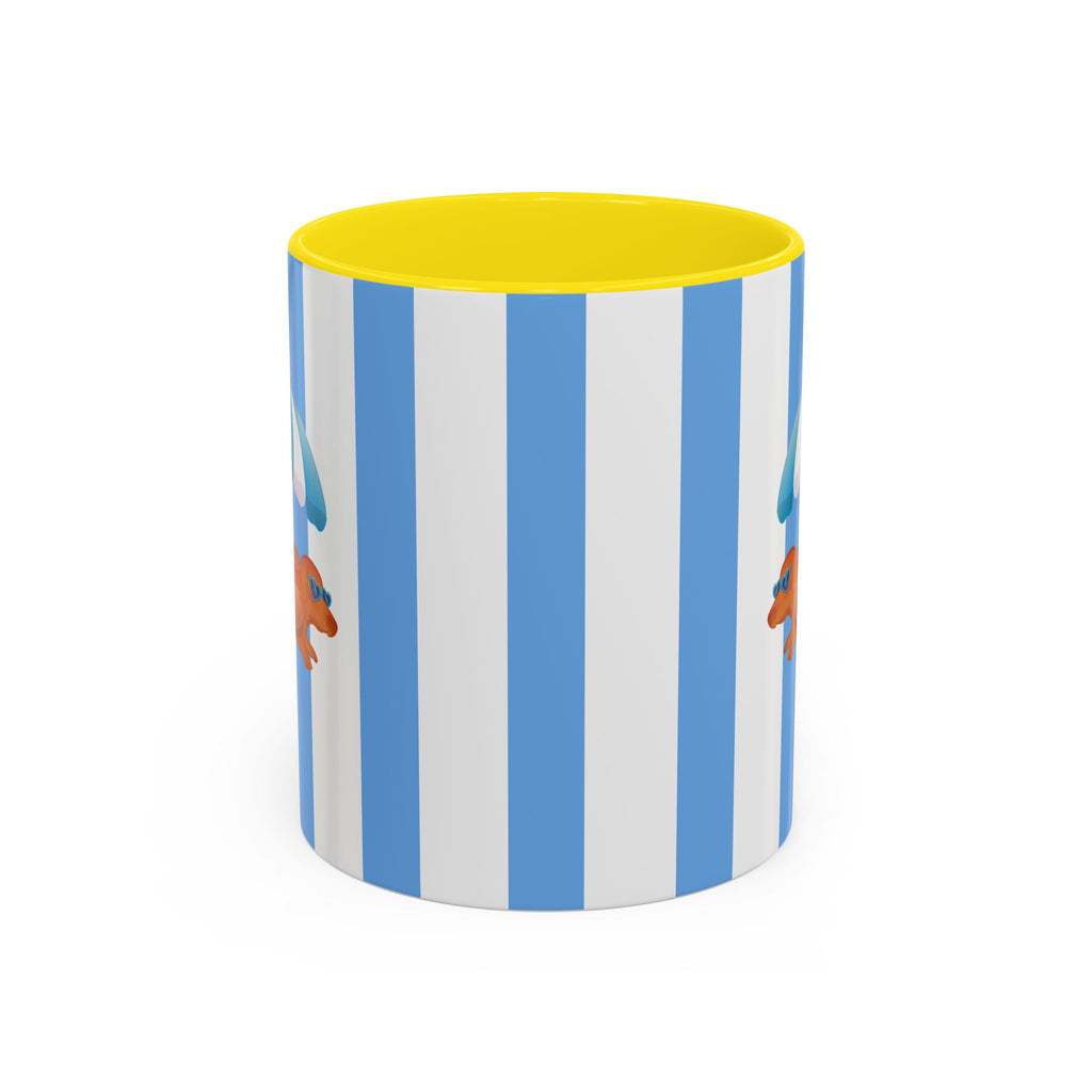 Hot Dog Dachshund Coffee Mug | Cute Wiener Dog with Beach Umbrella on Blue Stripes (11/15oz) 11oz Yellow
