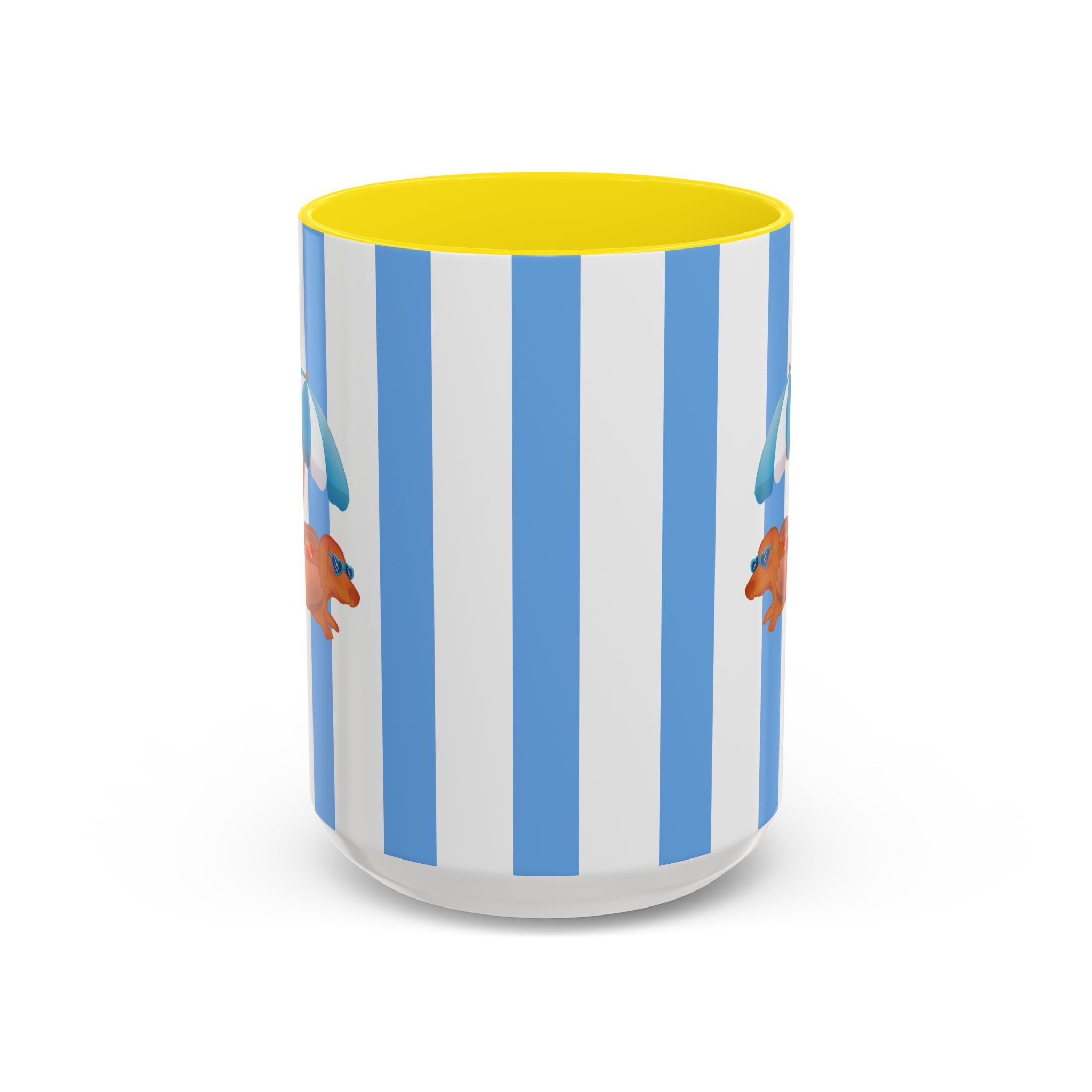 Hot Dog Dachshund Coffee Mug | Cute Wiener Dog with Beach Umbrella on Blue Stripes (11/15oz) 15oz Yellow