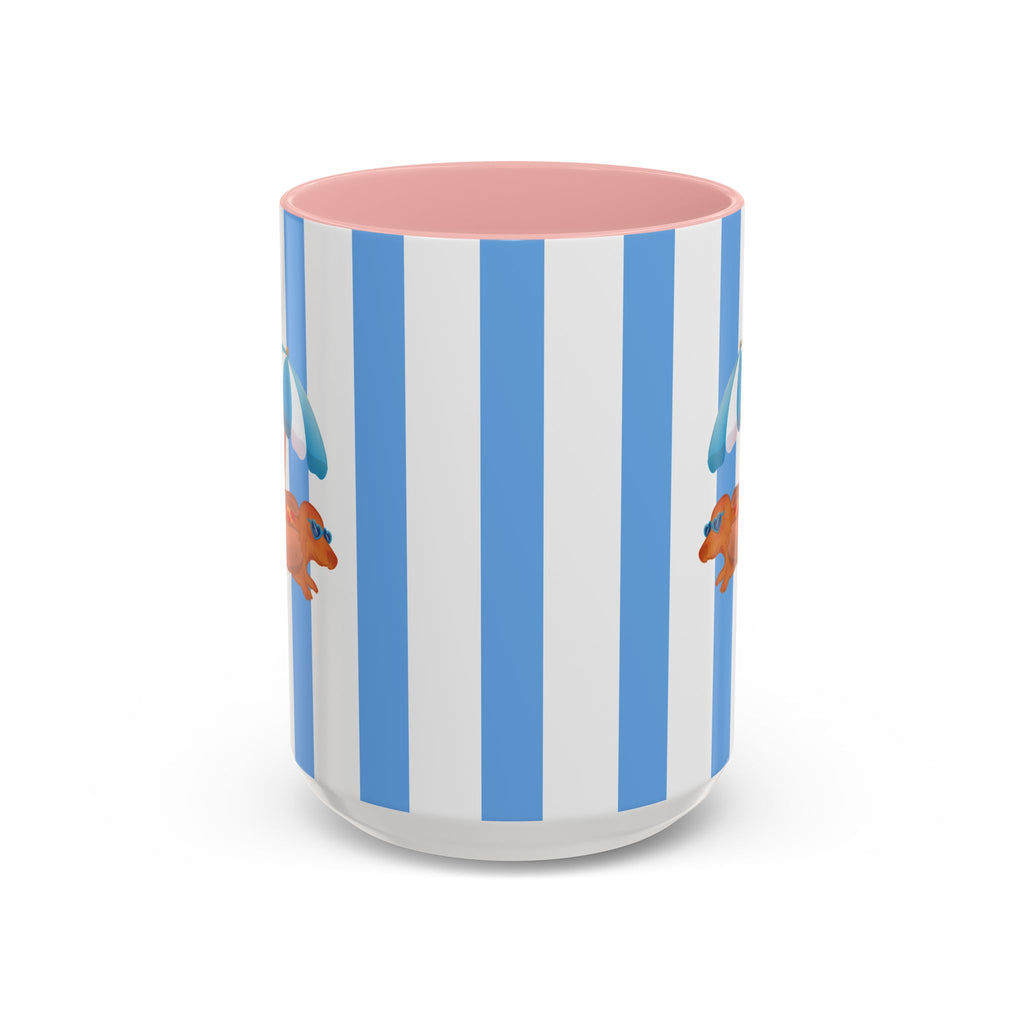 Hot Dog Dachshund Coffee Mug | Cute Wiener Dog with Beach Umbrella on Blue Stripes (11/15oz) 15oz Pink