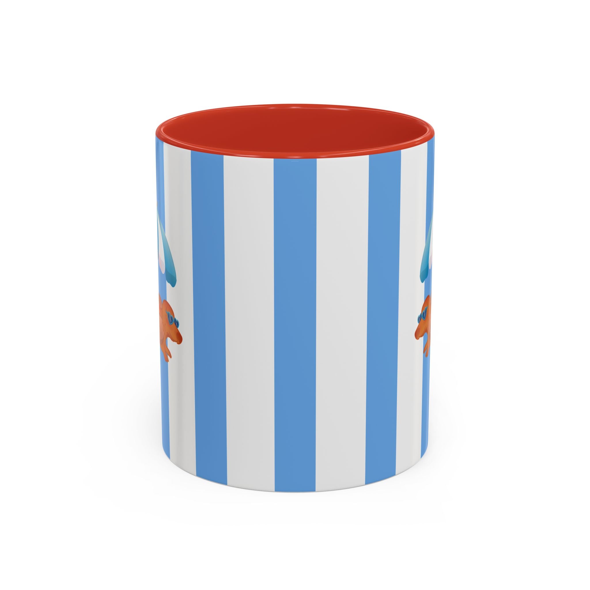 Hot Dog Dachshund Coffee Mug | Cute Wiener Dog with Beach Umbrella on Blue Stripes (11/15oz) 11oz Red