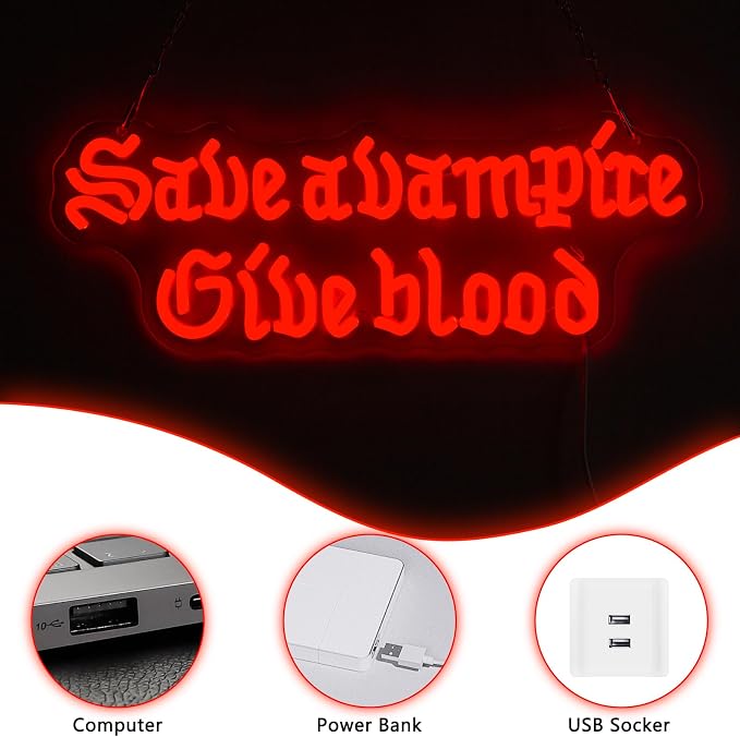 Save A Vampire Give Blood Neon Sign, Dimmables Neon Signs for Wall Decor, LED Spooky Decor Light Up Signs for Bar, Bedroom, Party, Halloween Decorations, Gift for Vampire & Dark Aesthetic Lovers