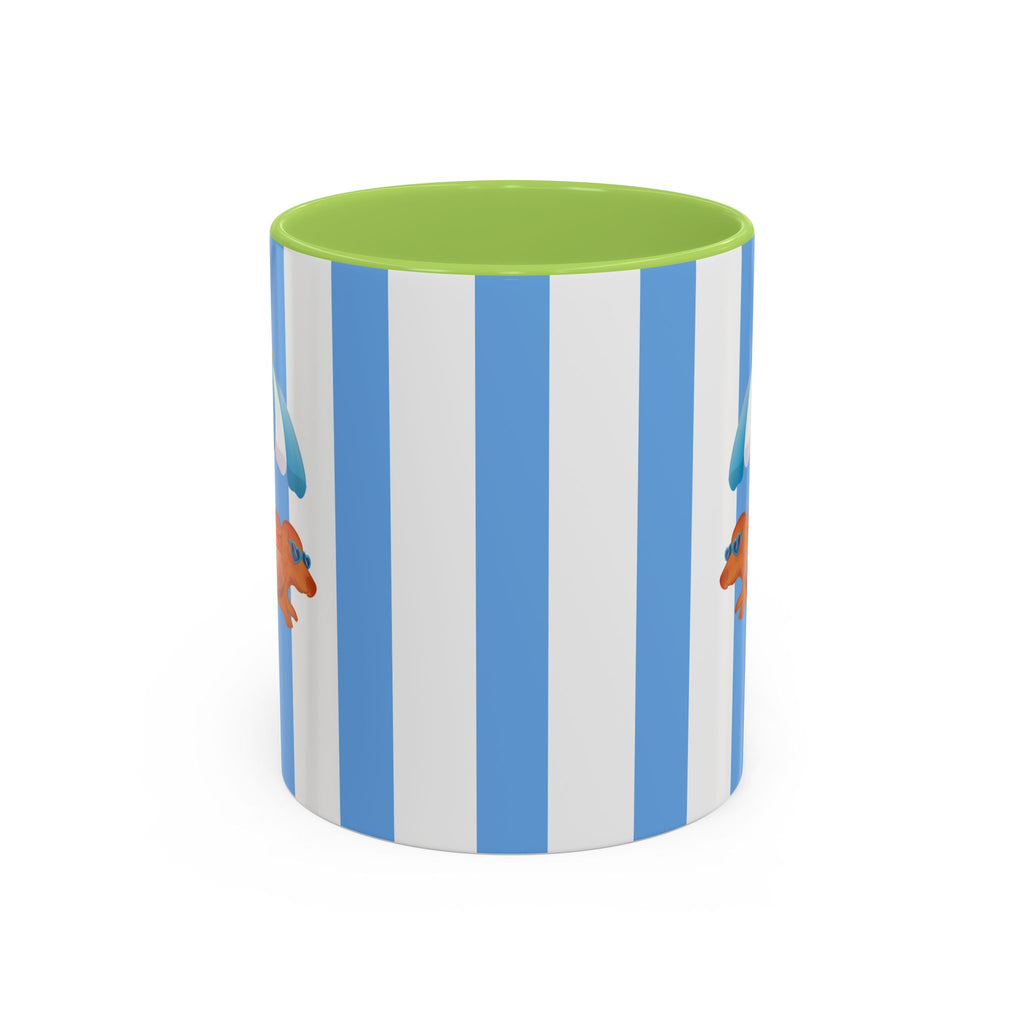 Hot Dog Dachshund Coffee Mug | Cute Wiener Dog with Beach Umbrella on Blue Stripes (11/15oz) 11oz Light Green