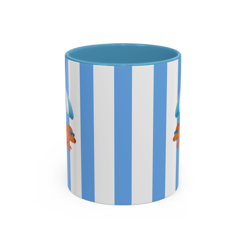 Hot Dog Dachshund Coffee Mug | Cute Wiener Dog with Beach Umbrella on Blue Stripes (11/15oz) 11oz Light Blue