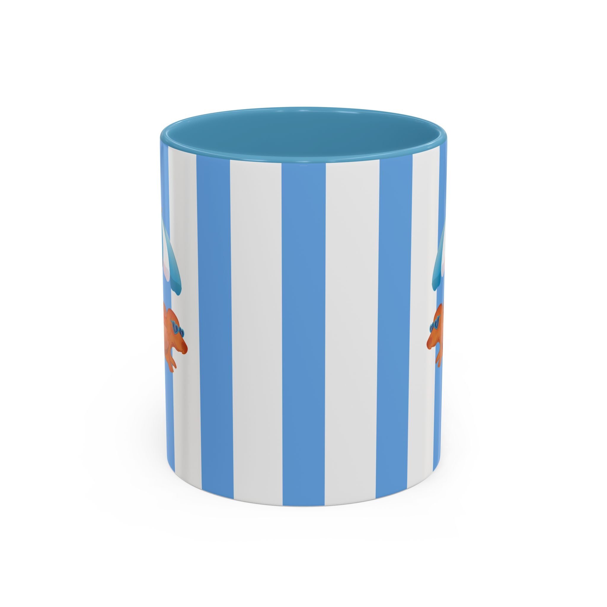 Hot Dog Dachshund Coffee Mug | Cute Wiener Dog with Beach Umbrella on Blue Stripes (11/15oz) 11oz Light Blue