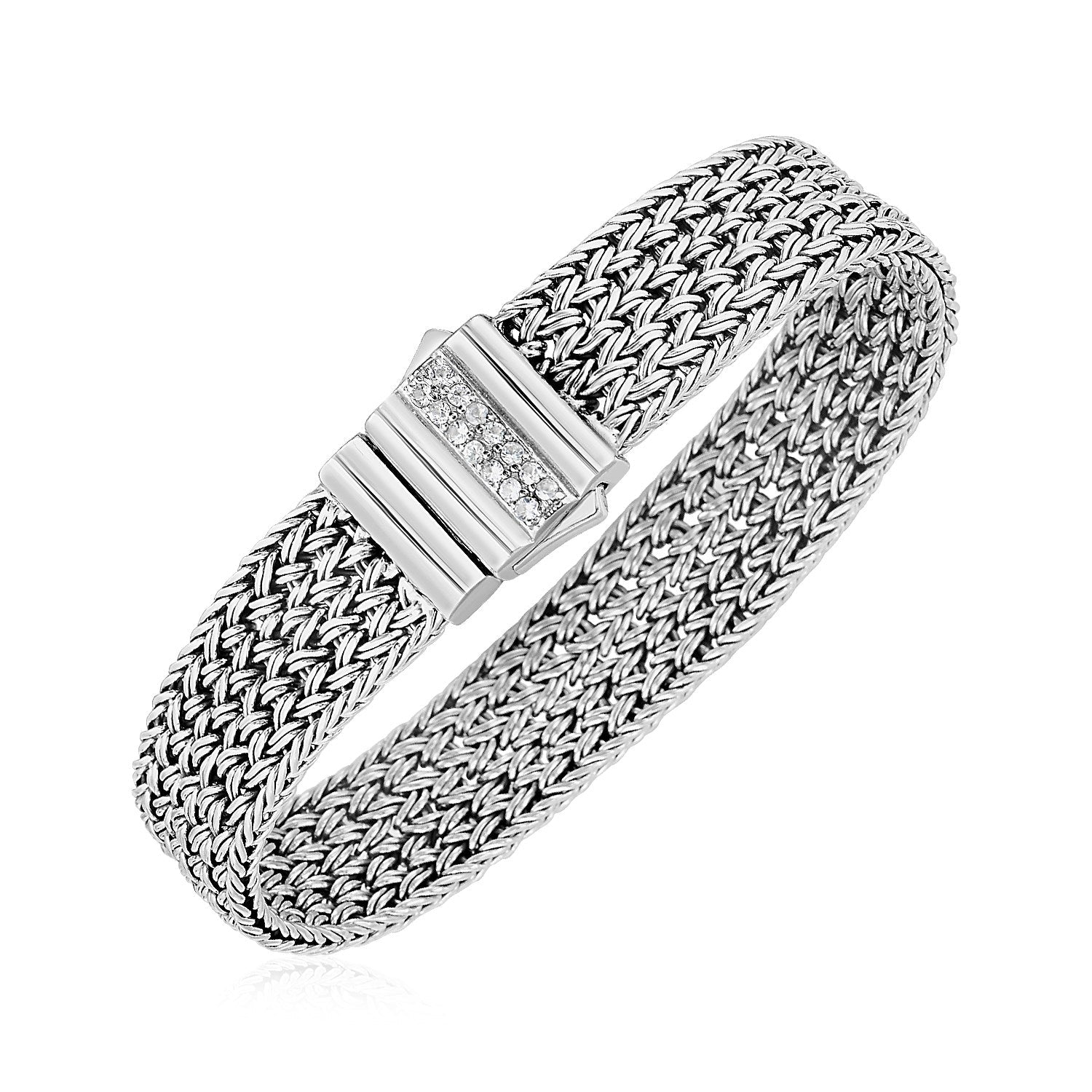 Woven Rope Bracelet with White Sapphire Accented Clasp in Sterling Silver 7.25 Sterling Silver