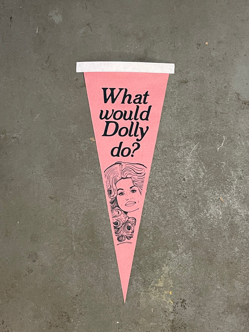 Pink pennant with 'What would Dolly do?' text on a gray background