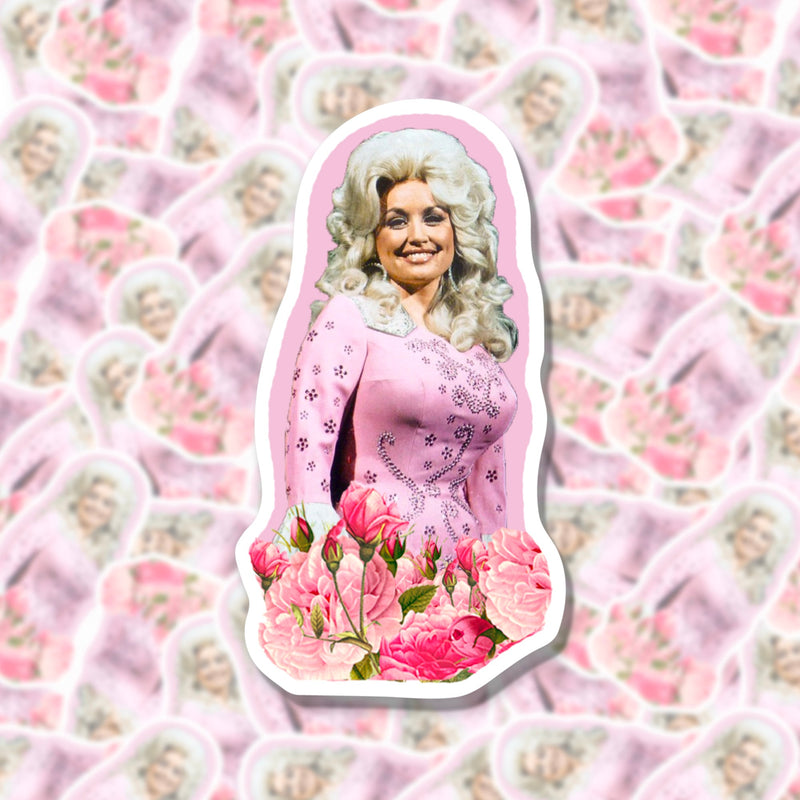 Sticker of Dolly Parton in a pink dress surrounded by flowers on a pink floral background