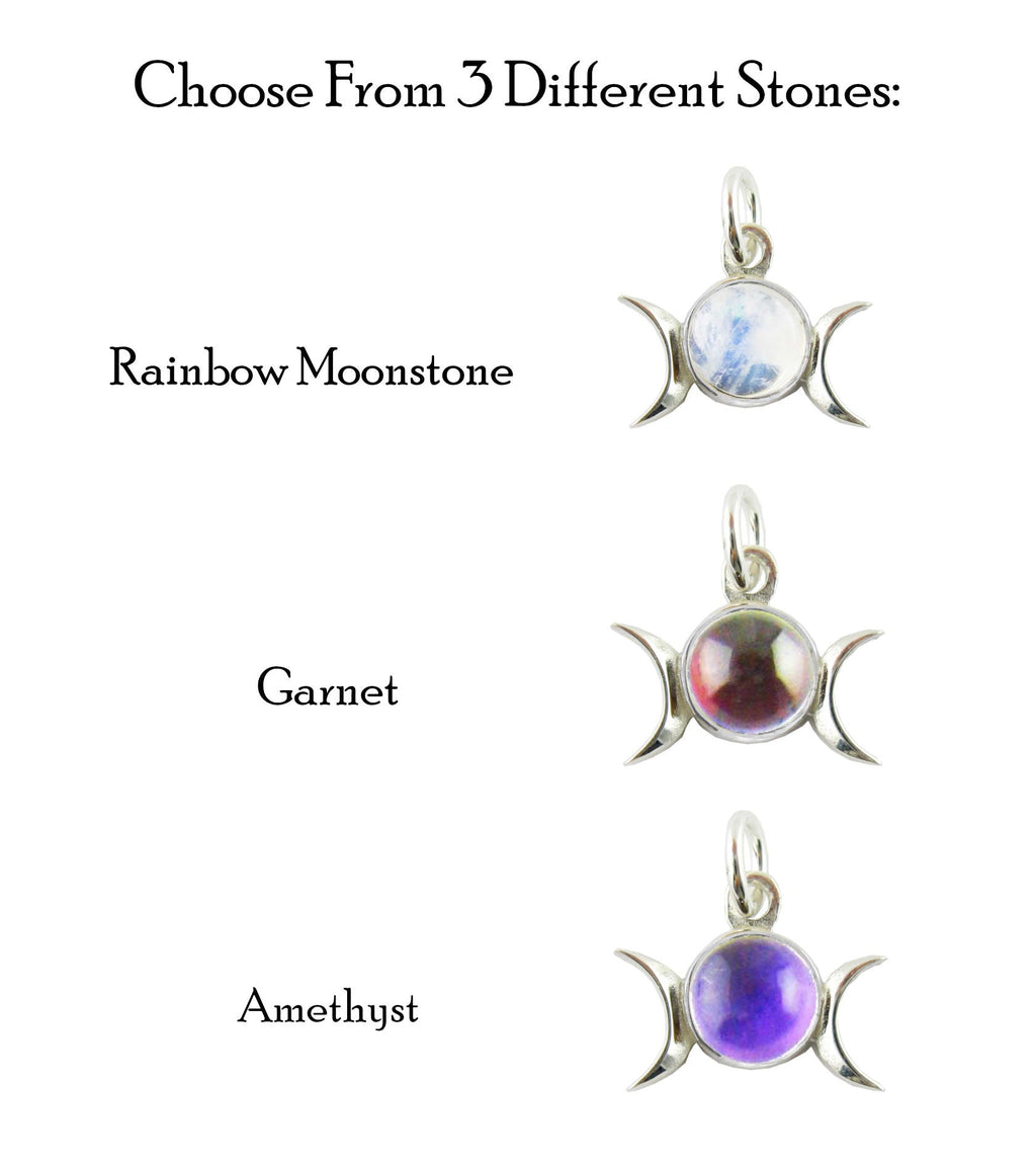 Triple Moon Charm Pendant w/ Gemstone, Handmade - 925 Sterling Silver Rainbow Moonstone