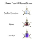 Triple Moon Charm Pendant w/ Gemstone, Handmade - 925 Sterling Silver Rainbow Moonstone